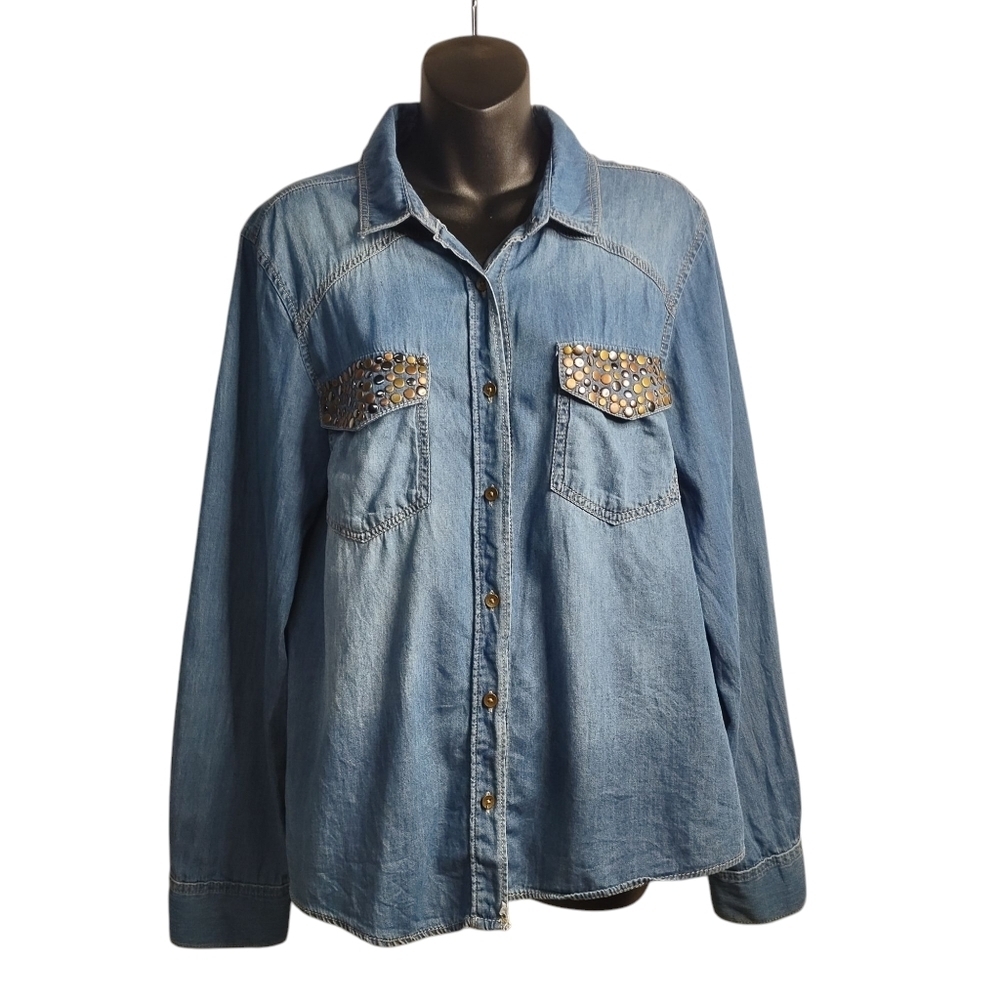 Mudd Womens Blue Jeans Shirt Studded Embellished Long Sleeve Button Up S…